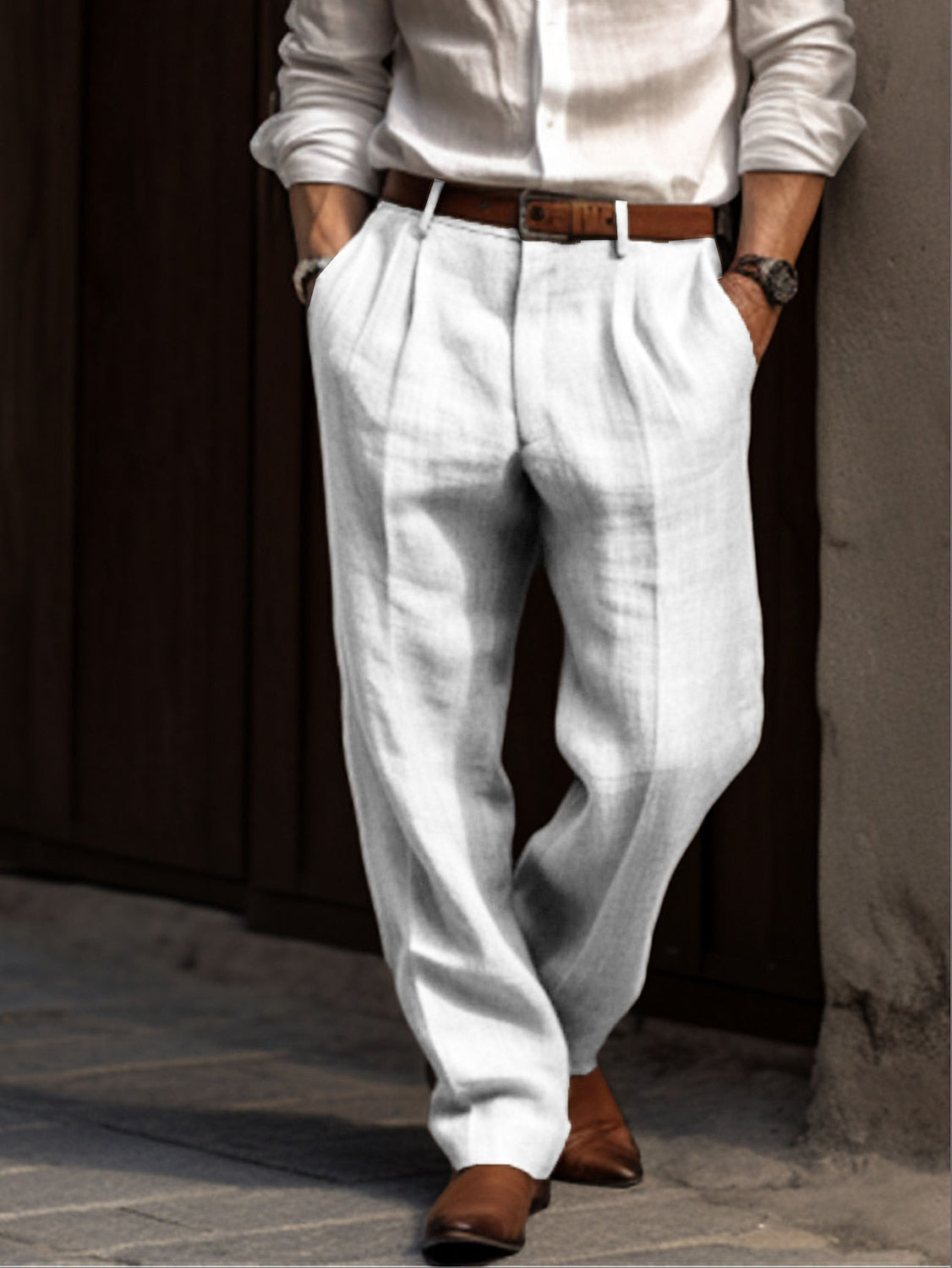 NOUVEAU RICHE Herren Leinenhose Plissiert Atmungsaktiv Bequeme Passform Weiß