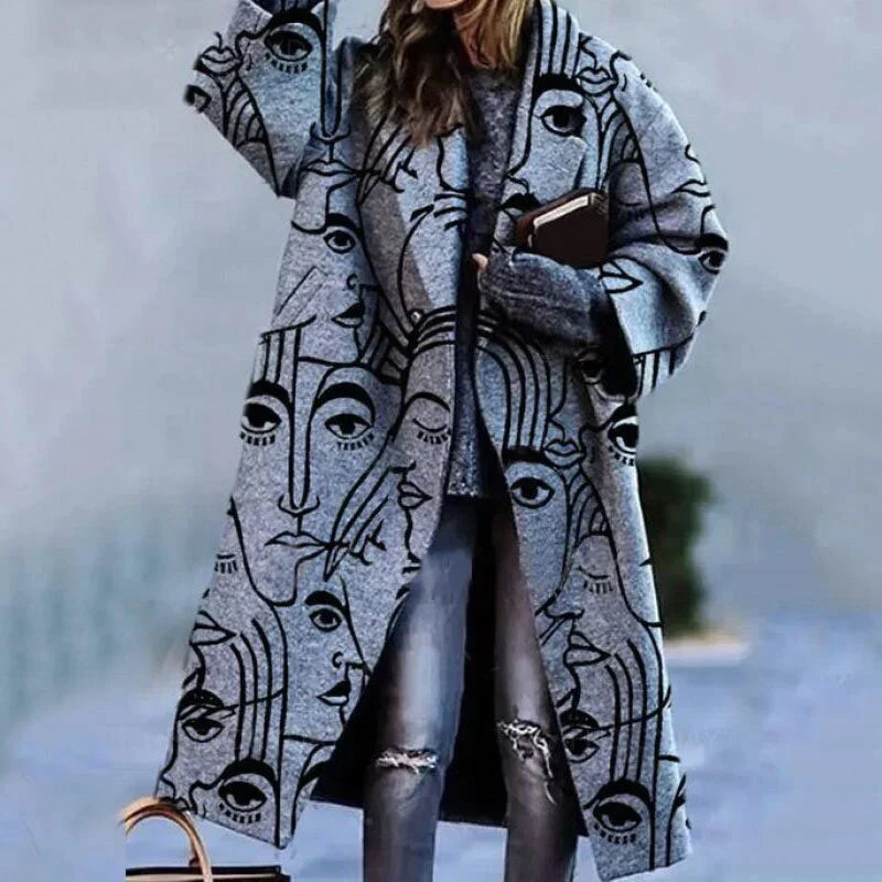 NOUVEAU RICHE Flōre | Damen Langer Wintermantel - Eleganter & Warmer Daunenmantel / Wollmantel mit Kapuze Graues Gesicht
