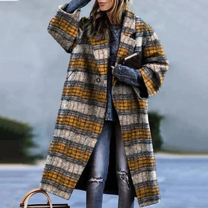 NOUVEAU RICHE Flōre | Damen Langer Wintermantel - Eleganter & Warmer Daunenmantel / Wollmantel mit Kapuze Yellow Gray