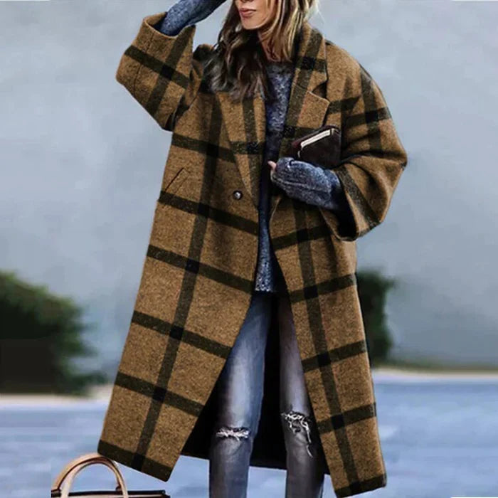 NOUVEAU RICHE Flōre | Damen Langer Wintermantel - Eleganter & Warmer Daunenmantel / Wollmantel mit Kapuze Braun