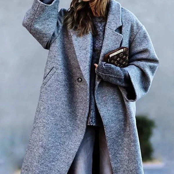 NOUVEAU RICHE Flōre | Damen Langer Wintermantel - Eleganter & Warmer Daunenmantel / Wollmantel mit Kapuze Grau
