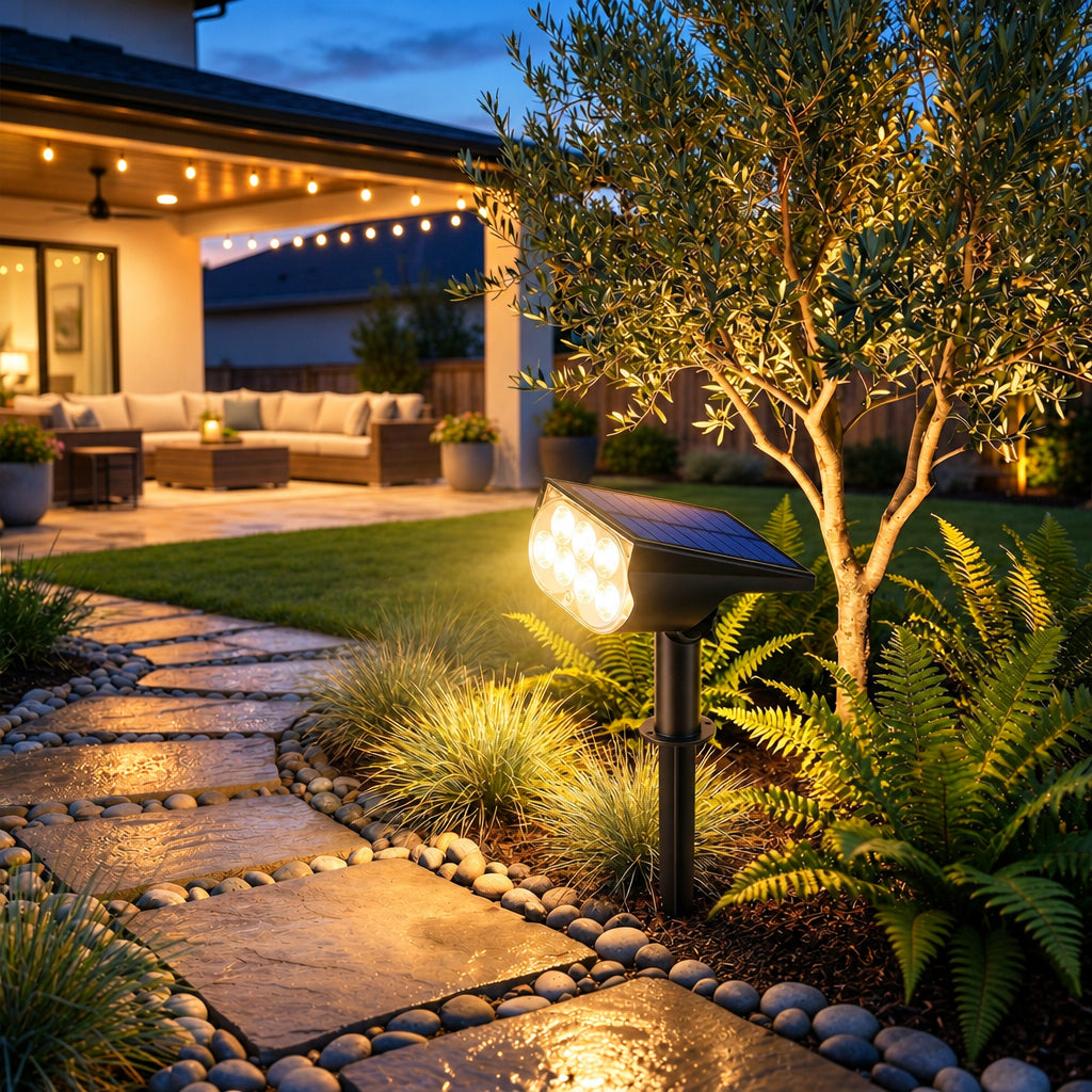 NOUVEAU RICHE Wasserdichter Solar-Gartenstrahler – Verstellbarer LED-Spot für Aussen mit 3 Helligkeitsstufen, IP65, Dämmerungsautomatik
