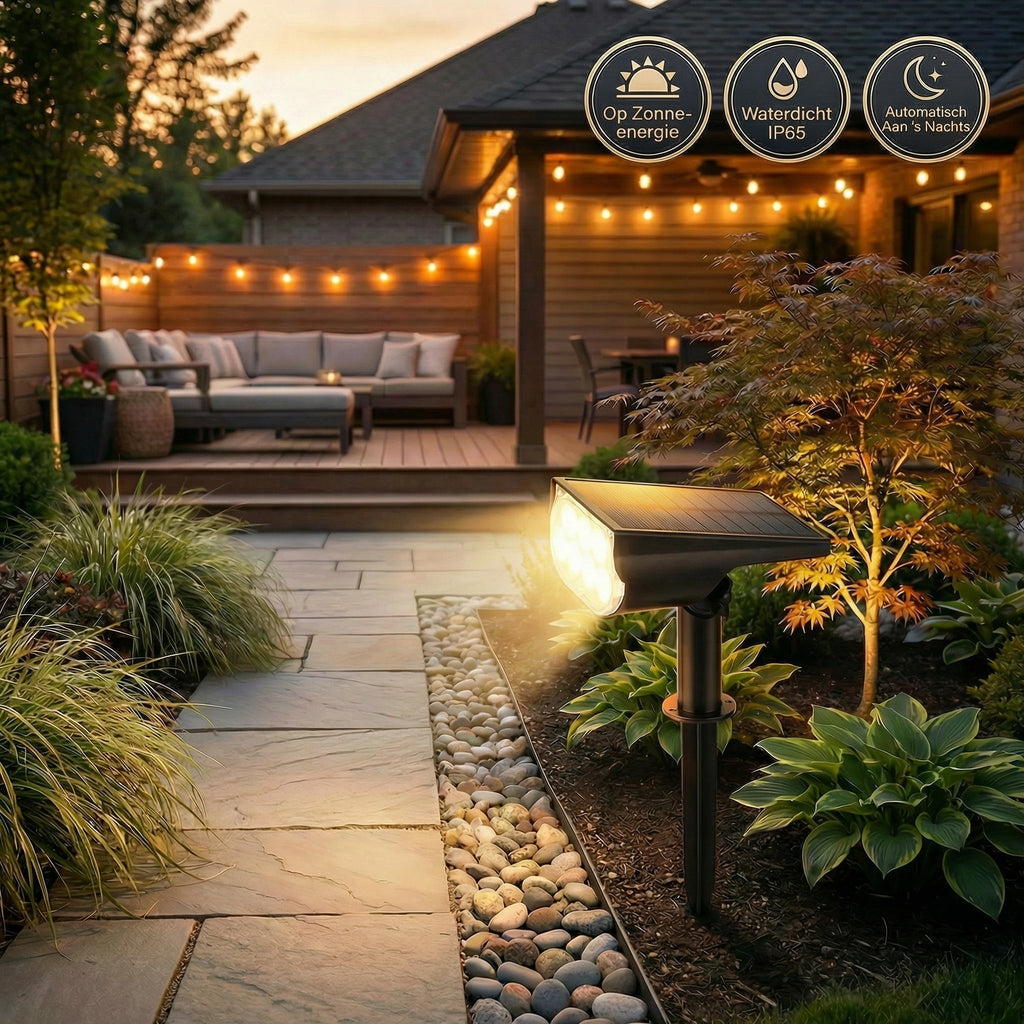 NOUVEAU RICHE Wasserdichter Solar-Gartenstrahler – Verstellbarer LED-Spot für Aussen mit 3 Helligkeitsstufen, IP65, Dämmerungsautomatik