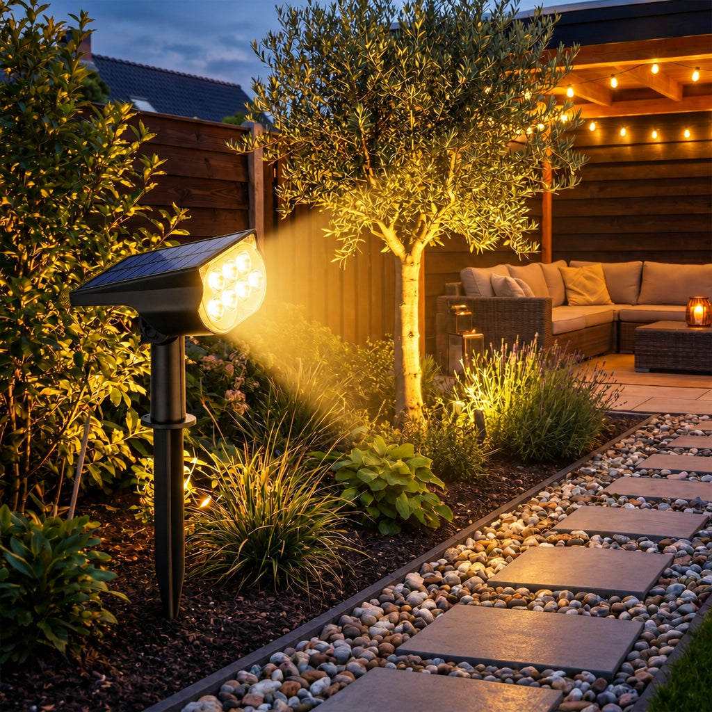 NOUVEAU RICHE Wasserdichter Solar-Gartenstrahler – Verstellbarer LED-Spot für Aussen mit 3 Helligkeitsstufen, IP65, Dämmerungsautomatik