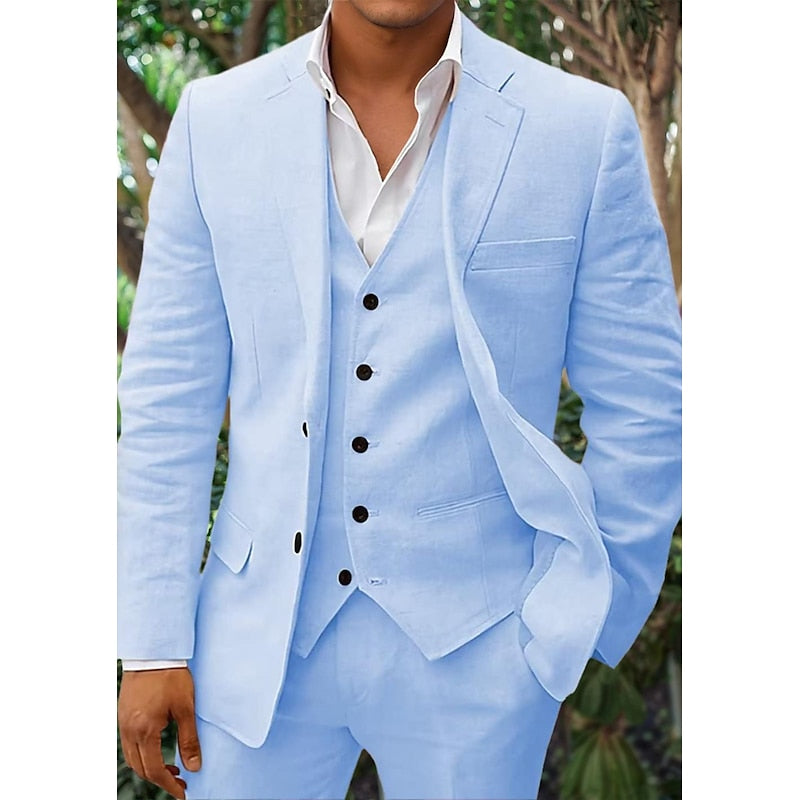 NOUVEAU RICHE Dreiteiliges Leinen Set Herren Blazer Weste Hose Komfort Himmelblau