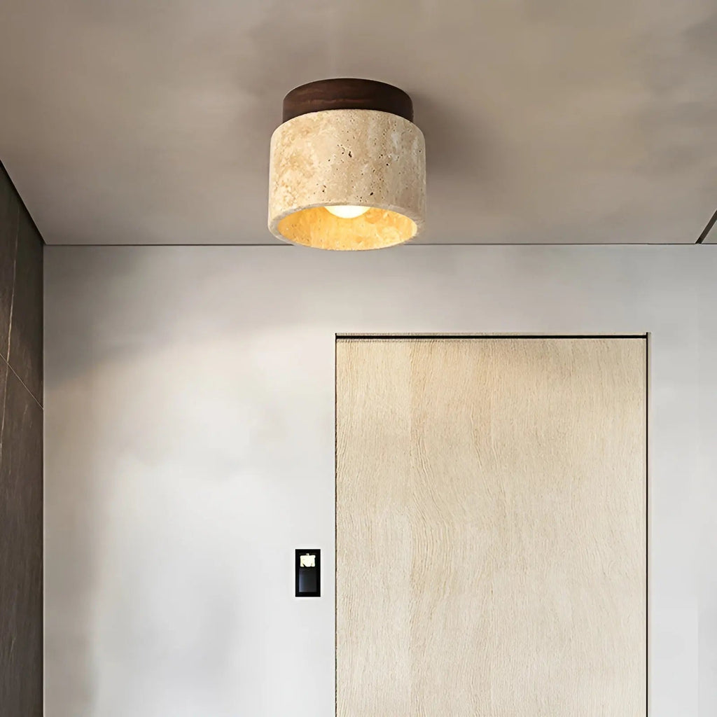 NOUVEAU RICHE Rustikale Travertin-Deckenleuchte – Wabi-Sabi Deckenlampe aus Stein & Holz, Japandi Leuchte, Walnuss oder Holz – TravaGlow