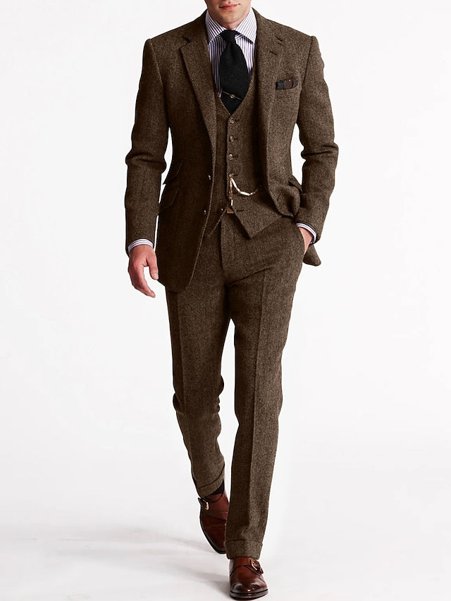 NOUVEAU RICHE Tweed Smokinganzug Herren Dreiteilig Klassisch Elegant Kaffee