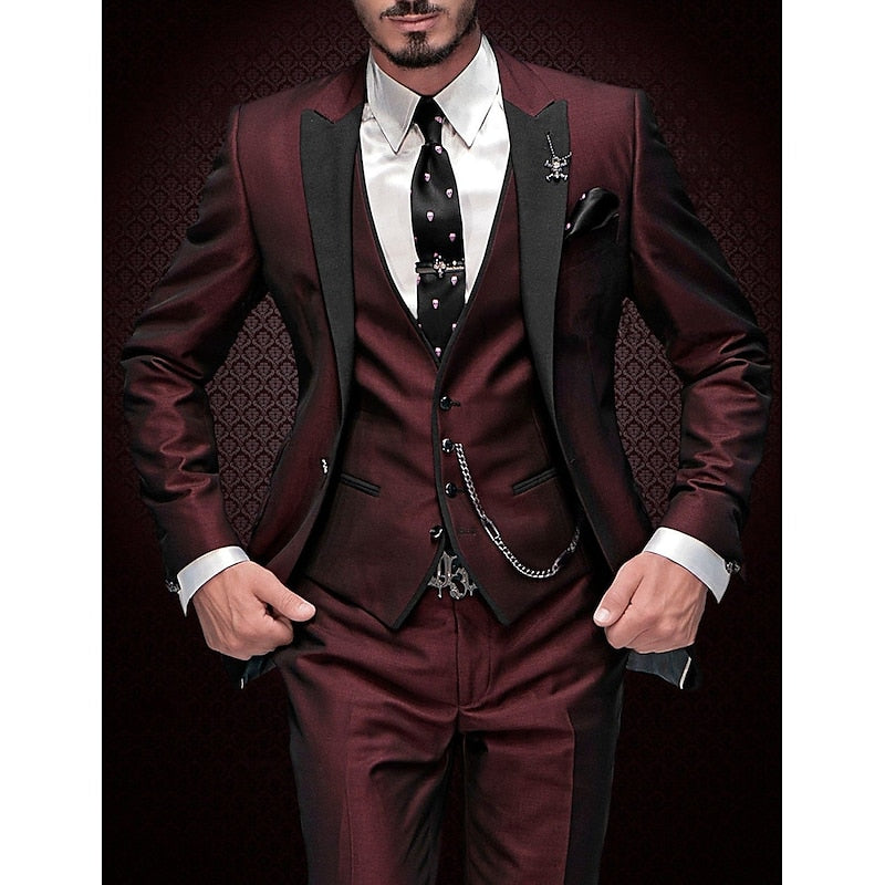 NOUVEAU RICHE Dreiteiliges Set Herren Blazer Weste Hose Stil Burgunderrot