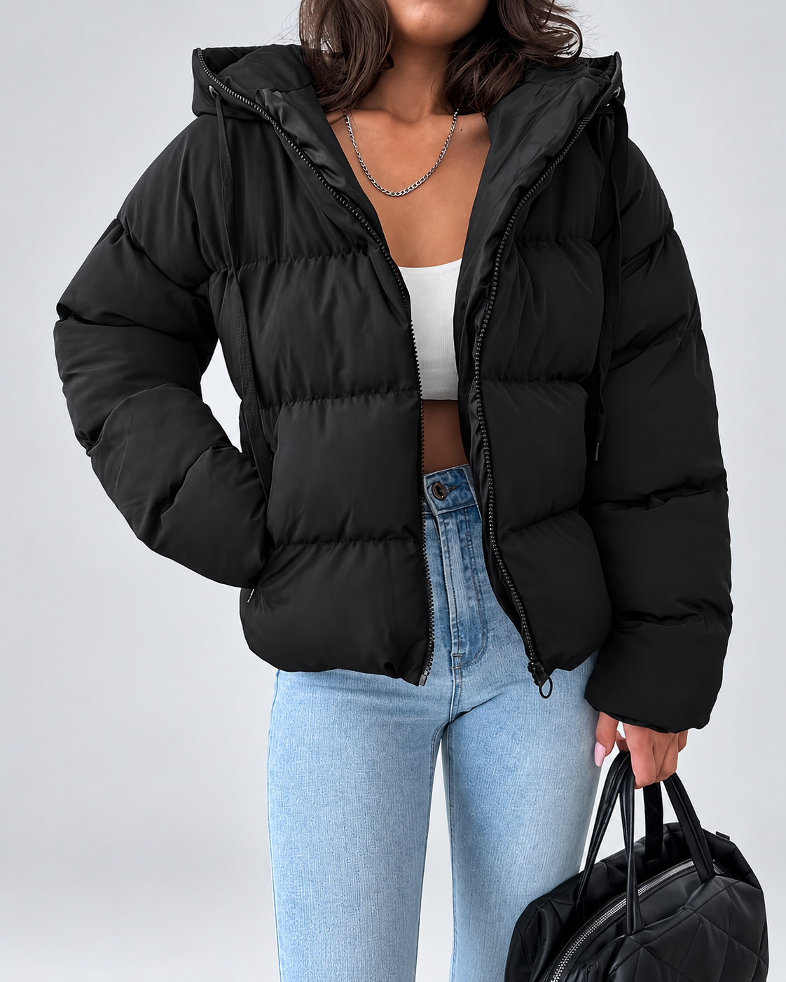 NOUVEAU RICHE Oversized Pufferjacke Damen mit Kapuze – Gesteppte Winterjacke mit Reissverschluss, Seitentaschen & Rippbündchen, Schwarz, S-XL – Luna Schwarz